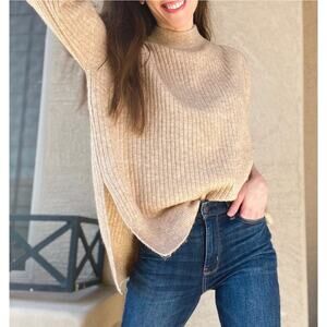 H&M Oversized Rib Knit Mock Neck Sweater Medium Beige Tan Minimalist Oatmeal+96